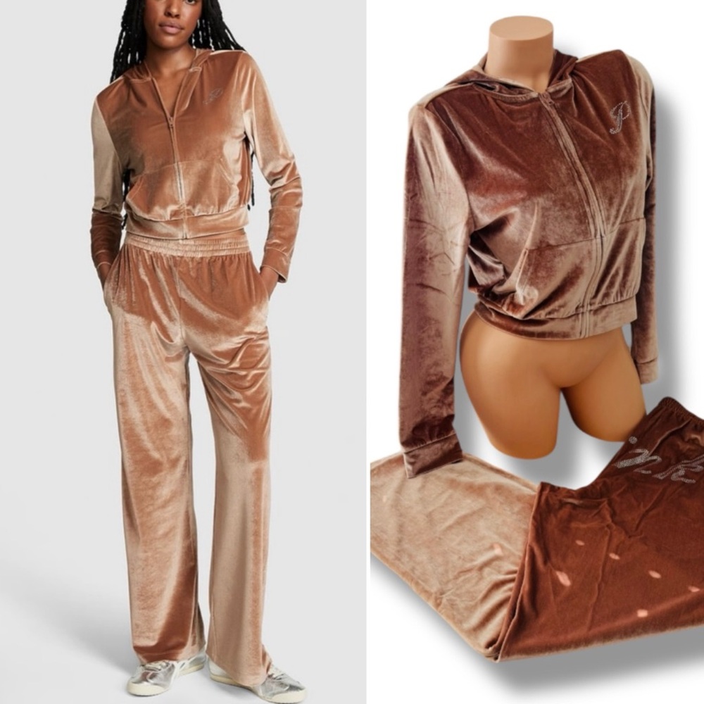 Victorias Secret PINK Tracksuit Velvet Jacket & Bling Wide Leg Pants Caramel M L